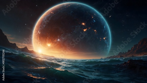 A planet where the oceans are filled with liquid diamonds that sparkle in the sunlight ai_generated