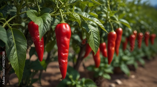 Lush Calabrian chili pepper plants in Italy, showcasing vibrant red ripe.generative.ai photo