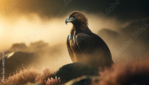 A portrait of a majestic golden eagle perched on a rocky outcrop. photo