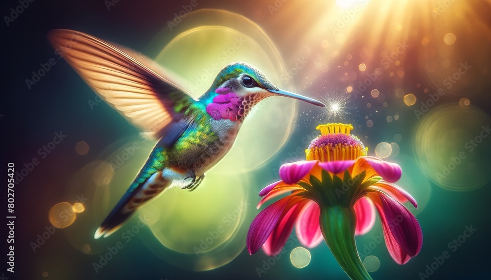 A hummingbird frozen in time, its wings a blur as it hovers over a vibrant flower.