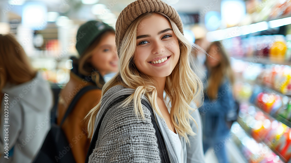 Group of happy friends shopping in store. Group of happy friends shopping in store.