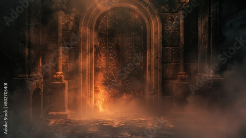 Dark and ominous door leading to dungeons  engulfed in smoke and mist  shrouded in cobwebs with flickering flame fire illuminating the entrance