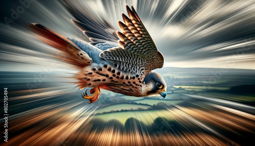 A peregrine falcon in mid-dive against a dynamic background that captures the blur of speed.