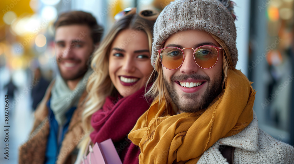Happy group of friends shopping in autumn season. Happy group of friends shopping in autumn season.