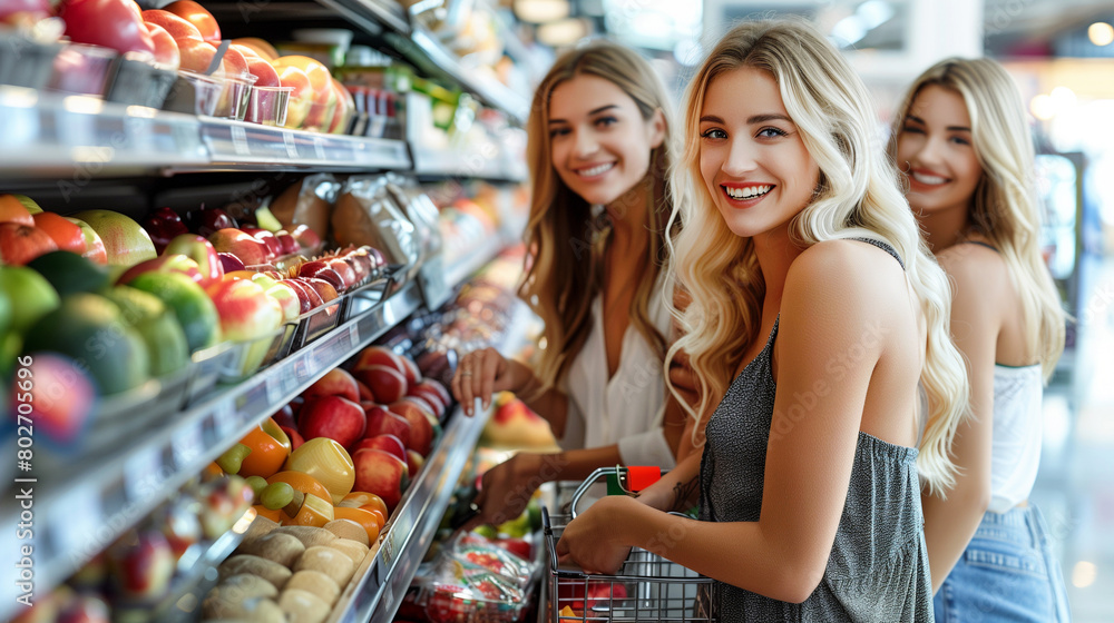 Obraz premium Group of happy friends shopping in store.