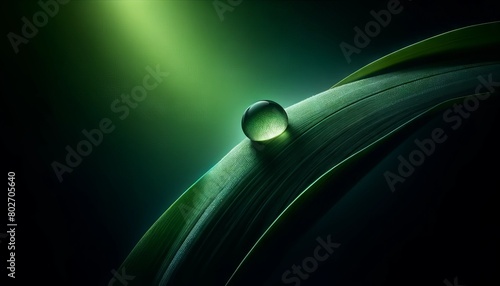 A close-up of a dewdrop on a dark green leaf, with a background gradient going from dark green to a soft, glowing light, capturing the essence of sere. photo