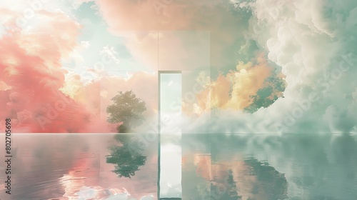 Door to a tranquil realm, where gentle clouds and a reflective lake blend into a serene pastel sky, creating a peaceful and dreamy landscape