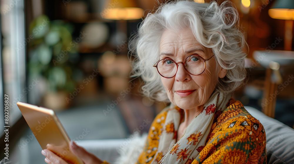Portrait of beautiful senior lady with tablet in hands at home. Portrait of beautiful senior lady with tablet in hands at home.