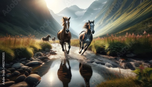 A pair of wild horses racing alongside a mountain stream, their reflections shimmering on the water surface.