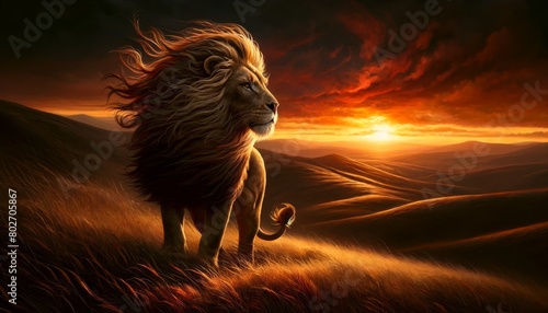A majestic lion with a flowing mane standing atop a windy hillside, overlooking a fiery sunset. photo