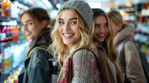 Group of happy friends shopping in store.