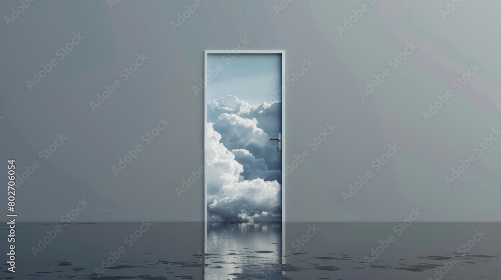 Fototapeta premium Dream-like scenery captured through a gray door, showcasing clouds and a reflective lake, designed to grow with a young person's changing tastes