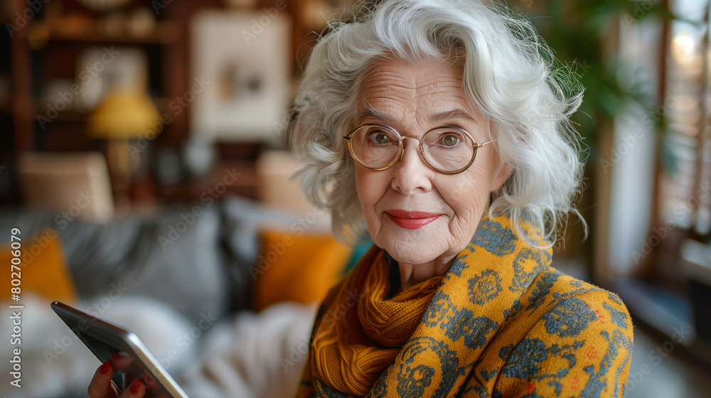 Portrait of beautiful senior lady with tablet in hands at home. Portrait of beautiful senior lady with tablet in hands at home.