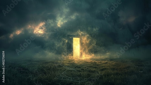 Dramatic scene of a heaven and hell door standing in an open field at night, light shining through, surrounded by dark mist and cobwebs