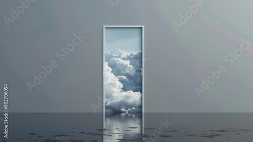 Dream-like scenery captured through a gray door  showcasing clouds and a reflective lake  designed to grow with a young person s changing tastes