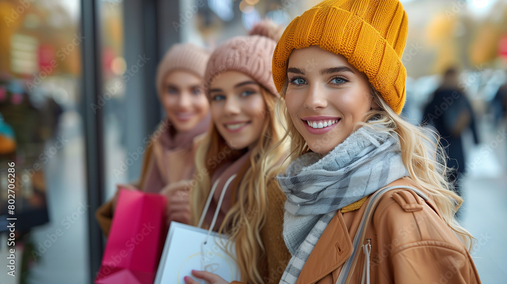 Happy group of friends shopping in autumn season. Happy group of friends shopping in autumn season.