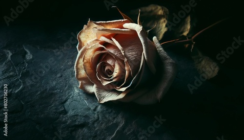 A close-up of a wilted rose lying on a dark, rough stone surface with a subtle light accentuating its curves and faded color. photo