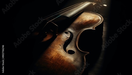 A close-up of an old, textured violin resting in the shadows with a single ray of light illuminating its strings and wood grains.