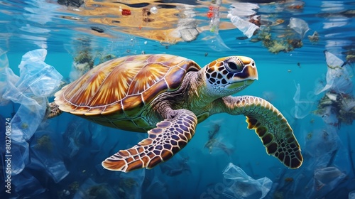 A sea turtle gracefully swimming past discarded plastic bottles, highlighting ocean pollution, photo