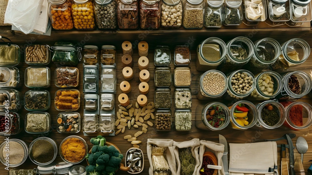 Sustainable Living Evoked Neatly Organized Overhead View of a Diverse Food Supply MockUp