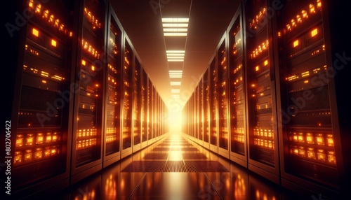 A perspective of a server room with rows of network servers emitting a warm  orange light  suggesting activity and processing power.