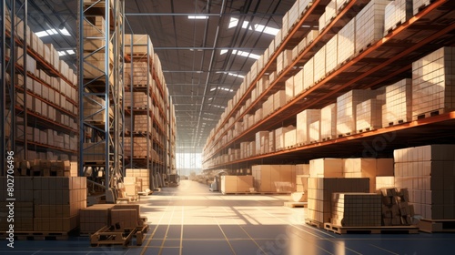 Interior of a vast logistics center, shelves stocked neatly, no personnel, indirect sunlight, photo