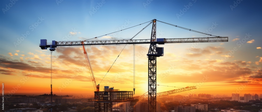 Large construction crane at rest during sunset, silhouette against a vibrant sky,