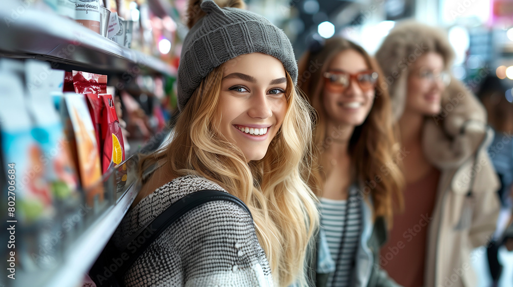 Group of happy friends shopping in store. Group of happy friends shopping in store.