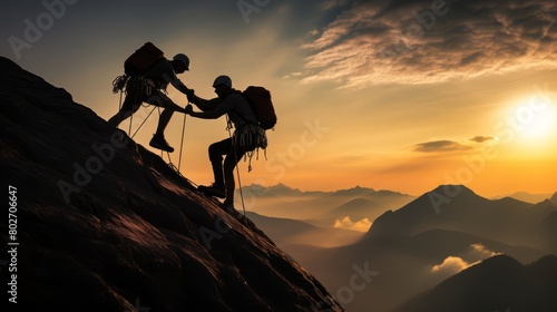 Image capturing the silhouette of two climbers on a mountain  illustrating teamwork with one helping the other over an obstacle  under a dusky sky 