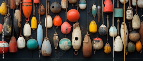 A collection of fishing floats and buoys, colorful and textured, photo