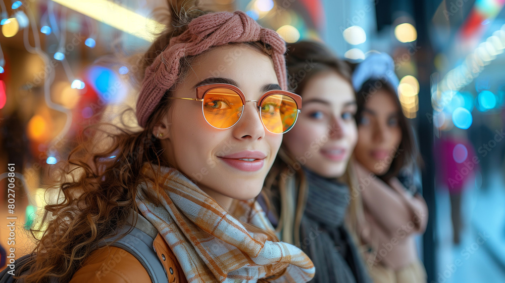 Three girls window shopping together. Three girls window shopping together.
