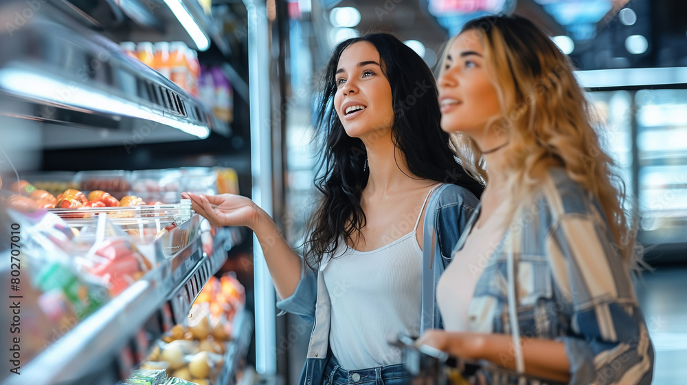  Two young women have a shopping day together in the supermarket.