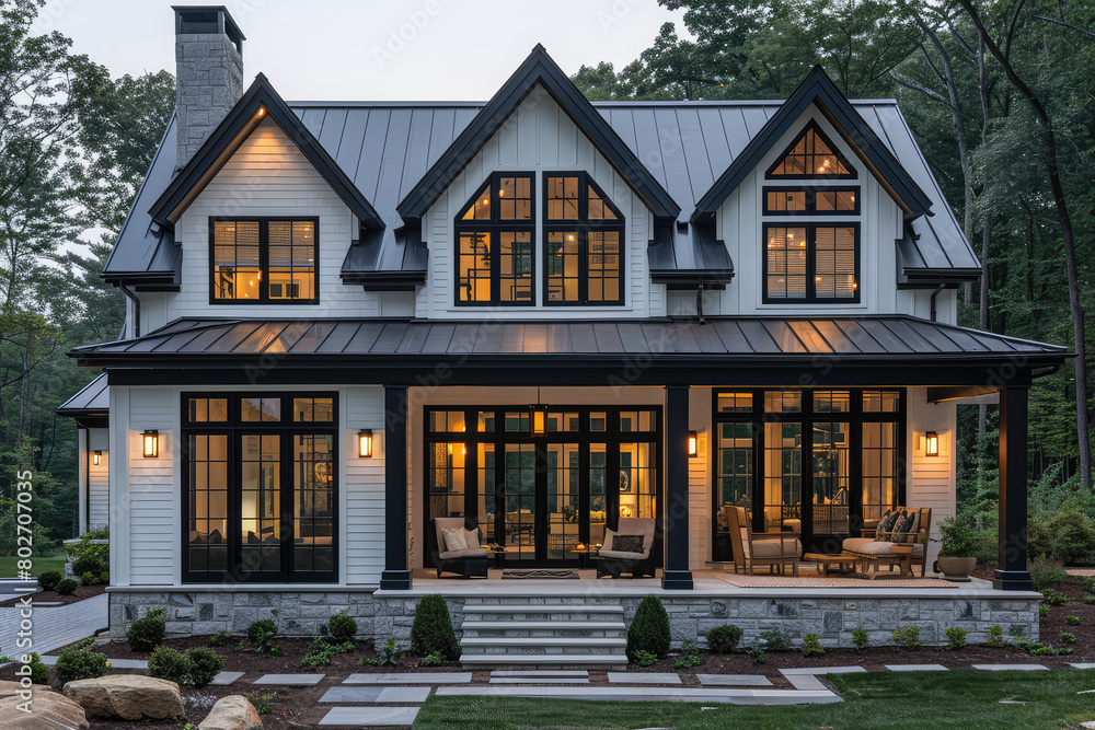 A beautiful two-story New England farmhouse with large windows, a black roof and white walls. The house has multiple gable roofs, stone accents on the facade. Created with Ai