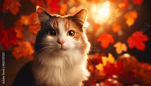 A close-up shot of a calico cat with a soft-focus background of autumn leaves, giving a warm and cozy seasonal feel. photo