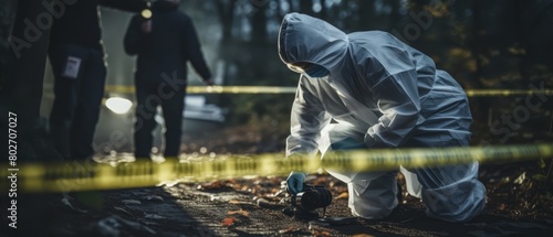 Forensic experts in protective gear examining evidence at a crime scene with police tape in the foreground,