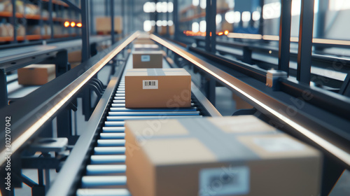 Packages moving along a conveyor belt in a warehouse during daytime operations