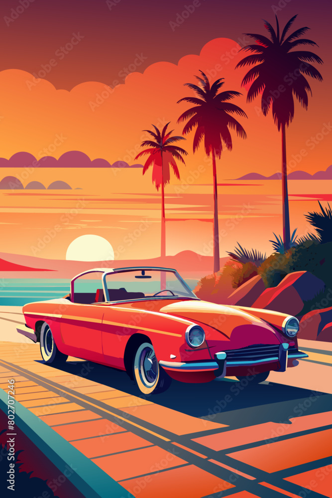 Vintage Car at Sunset on Tropical Beach Road Illustration
