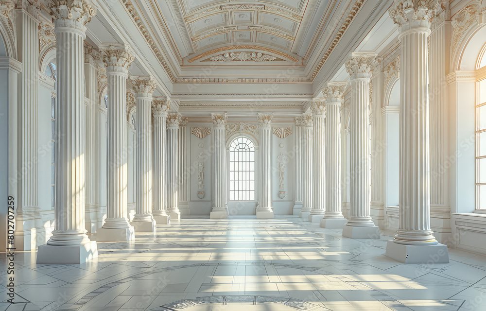 A white hall with marble columns and large windows. Created with Ai