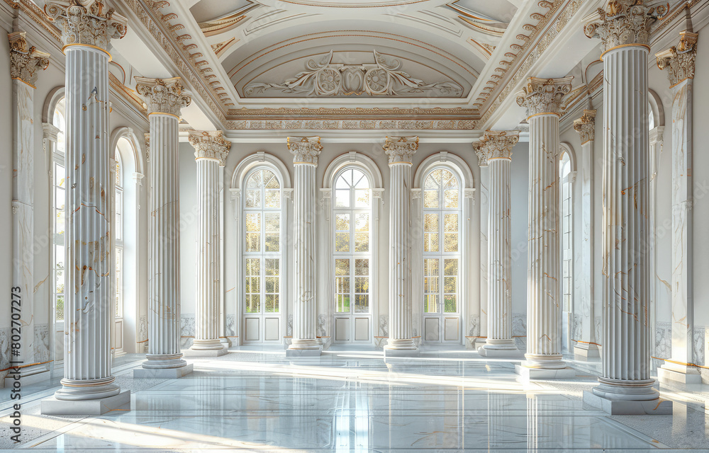 A white marble hall with large columns and an endless horizon, light background. Created with Ai
