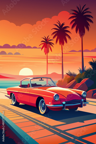 Vintage Car at Sunset on Tropical Beach Road Illustration