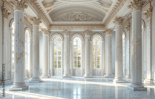 A white marble hall with large columns and an endless horizon, light background. Created with Ai © Picture
