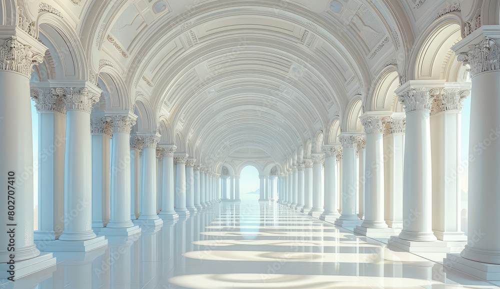 White and silver colors, fantasy architecture, large white columns with arches and a long corridor in the background, fantasy palace hall. Created with Ai