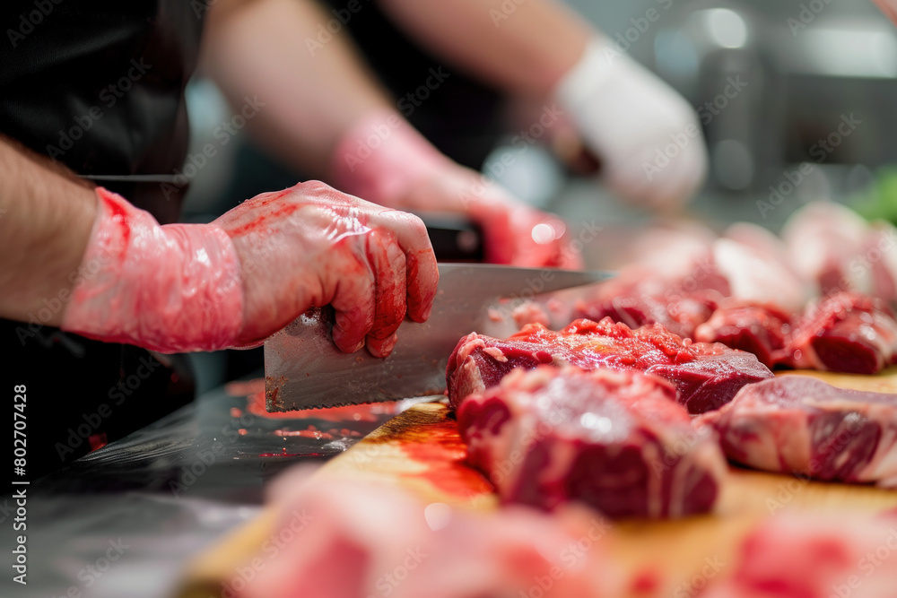 Professional butcher precisely cutting fresh meat in a modern kitchen, following strict health and safety standards.