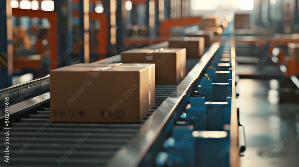Packages moving along a conveyor belt in a bustling warehouse during late afternoon Packages moving along a conveyor belt in a bustling warehouse during late afternoon