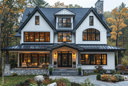 A stunning two-story modern farmhouse with large windows and an oversized front porch, featuring black trim on the roofline and exterior walls. Created with Ai