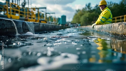 A service engineer is seen inspecting a waste water treatment plant, with pumps in the background, while a worker is busy tending to the plant's operations.