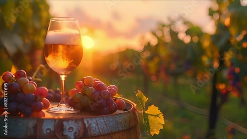 Wine glasses and bottle with barrel in vineyard at sunset, golden light, serene ambiance photo