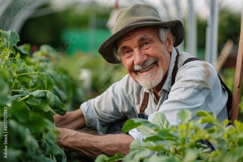 Portrait of happy senior man gardener working in organic vegetable greenhouse garden, Generative AI