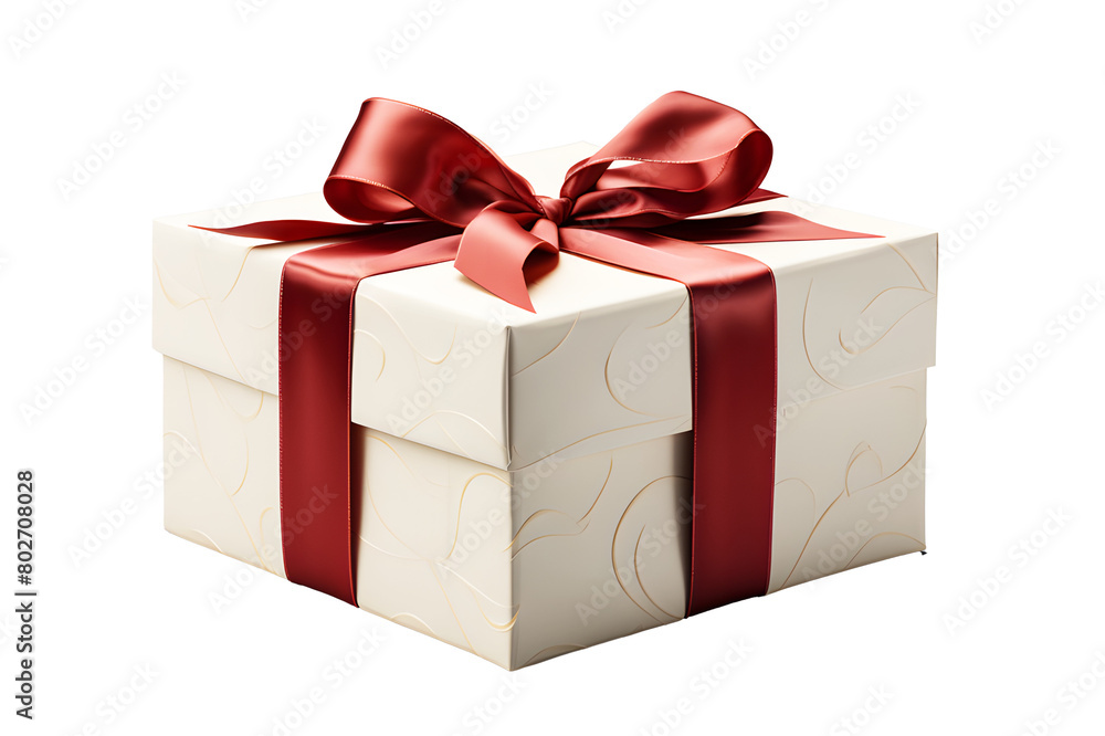 Obraz premium Angle white color or light red gift box with satin bow ribbon isolated on cut out PNG or transparent background. Festive holiday Christmas, happy new years, birthday. Festival very special time.
