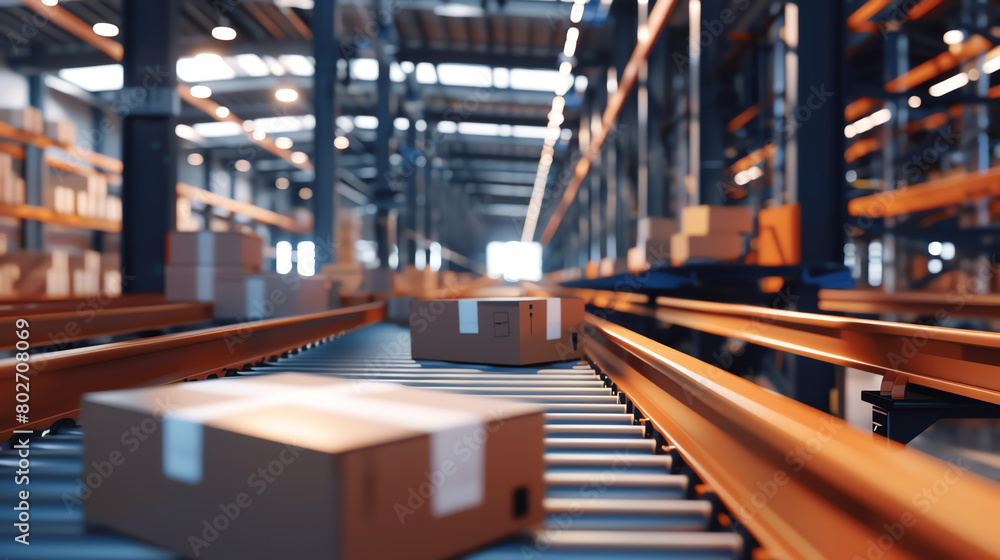 Packages moving along a conveyor belt in a warehouse during daylight hours Packages moving along a conveyor belt in a warehouse during daylight hours